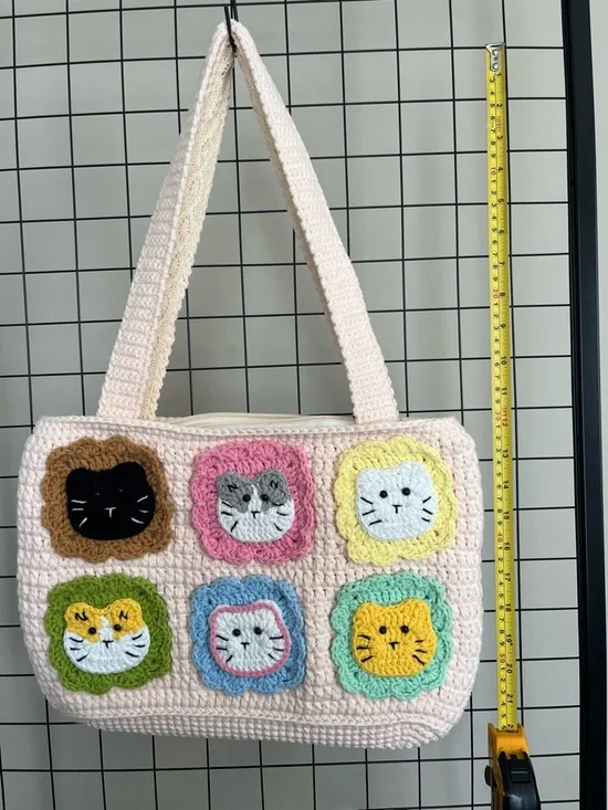 Crocheted Cat Face Tote Bag in Soft Pink with Multicolor Accents - Picture 2 of 5